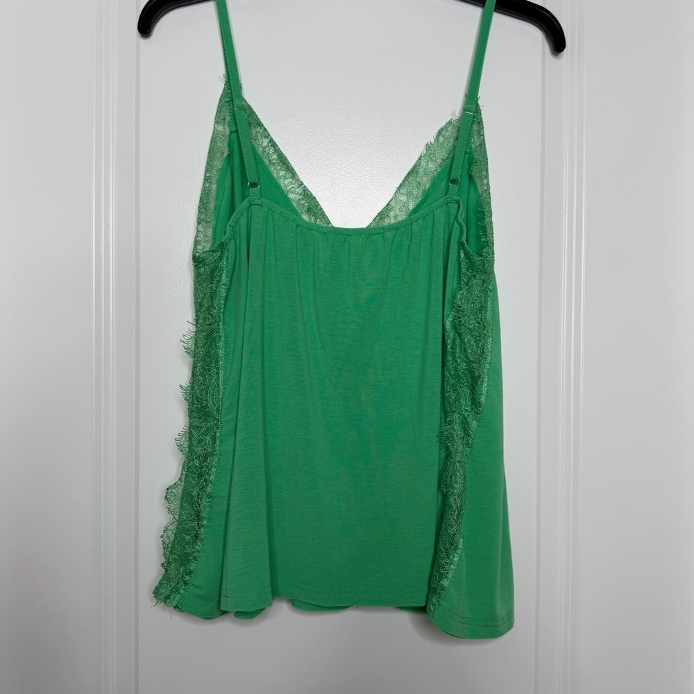 POL Green Lace Trim Tank Small Boho Flowy Drapey Casual Festival Camisole - Picture 3 of 11